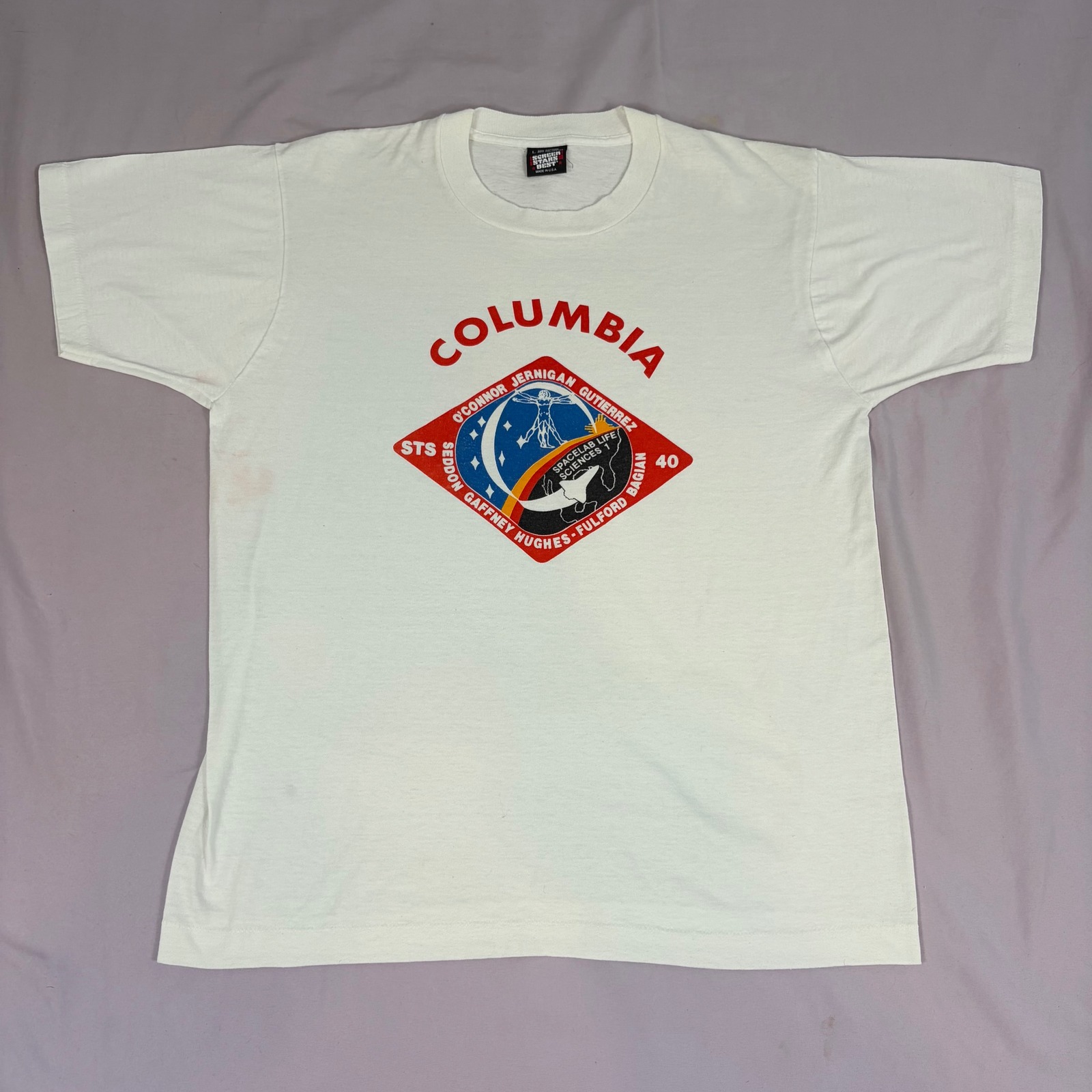 Nasa Mens Large White Columbia Sts40 Spacelab Graphic T Shirt Vintage 1991 Usa